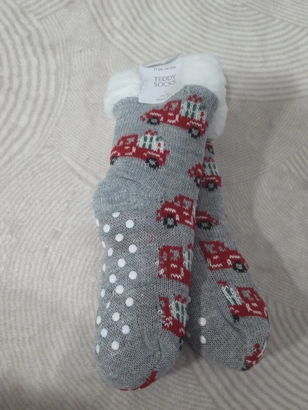 Maurices Gray Teddy Socks with Red Truck Pattern and White Sherpa Cuff